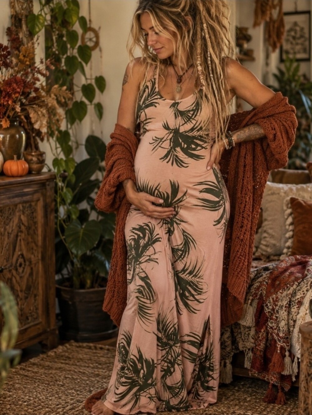 4/$15 Isabel Maternity Maxi Dress Small Pink Palm Leaf Tropical Boho Resortwear